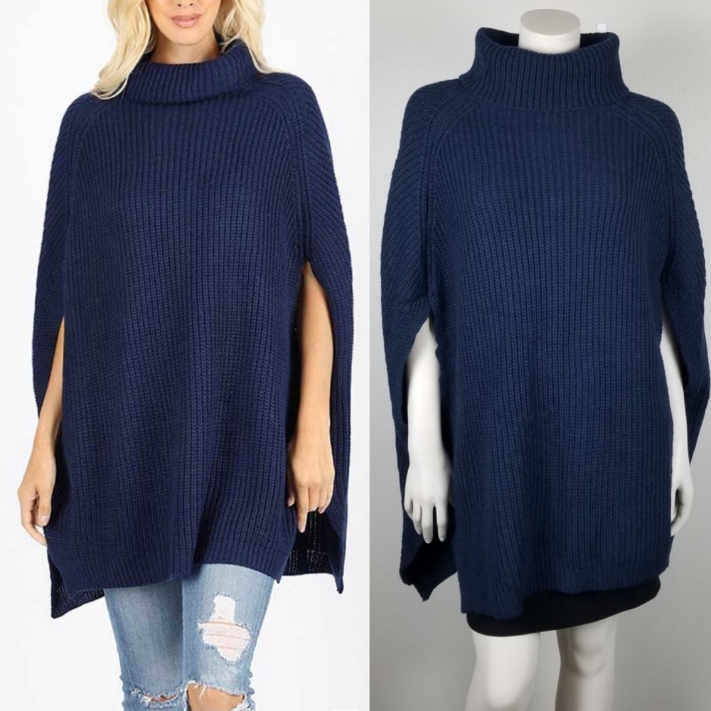 Zenana Outfitters Navy Turtleneck Oversized Poncho Shawl Sweater Size Medium